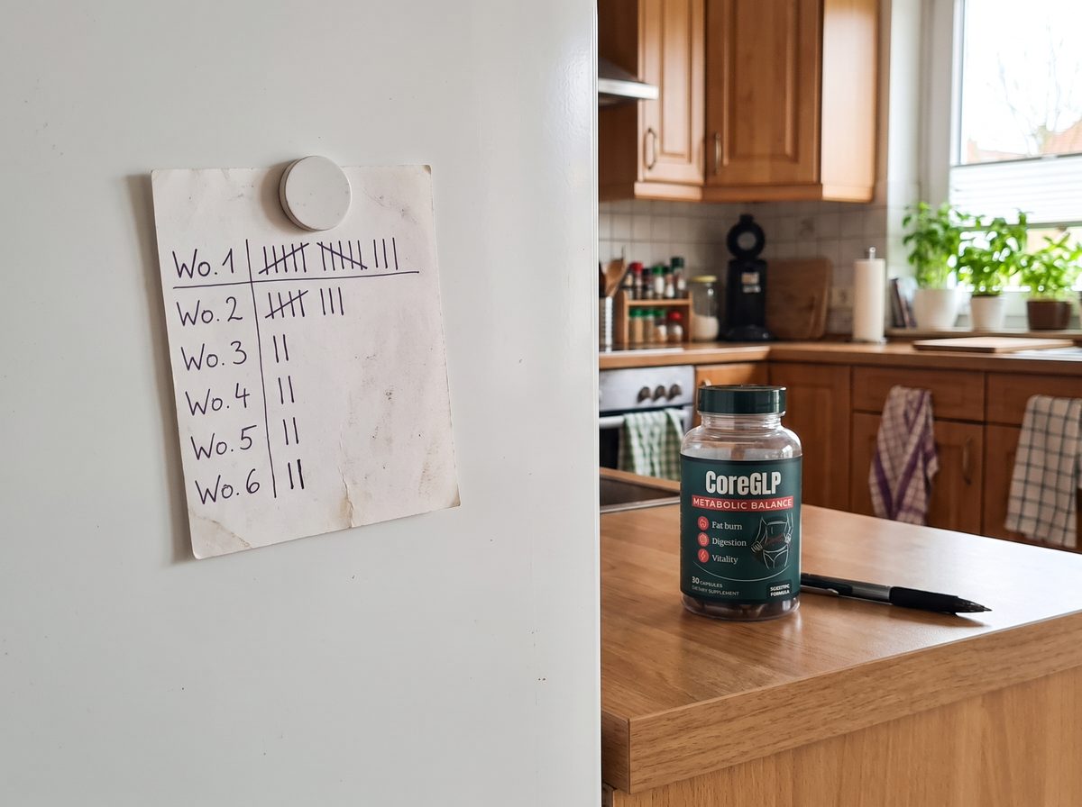 Heißhunger-Protokoll: handgeschriebene Strichliste am Kühlschrank neben der CoreGLP-Dose