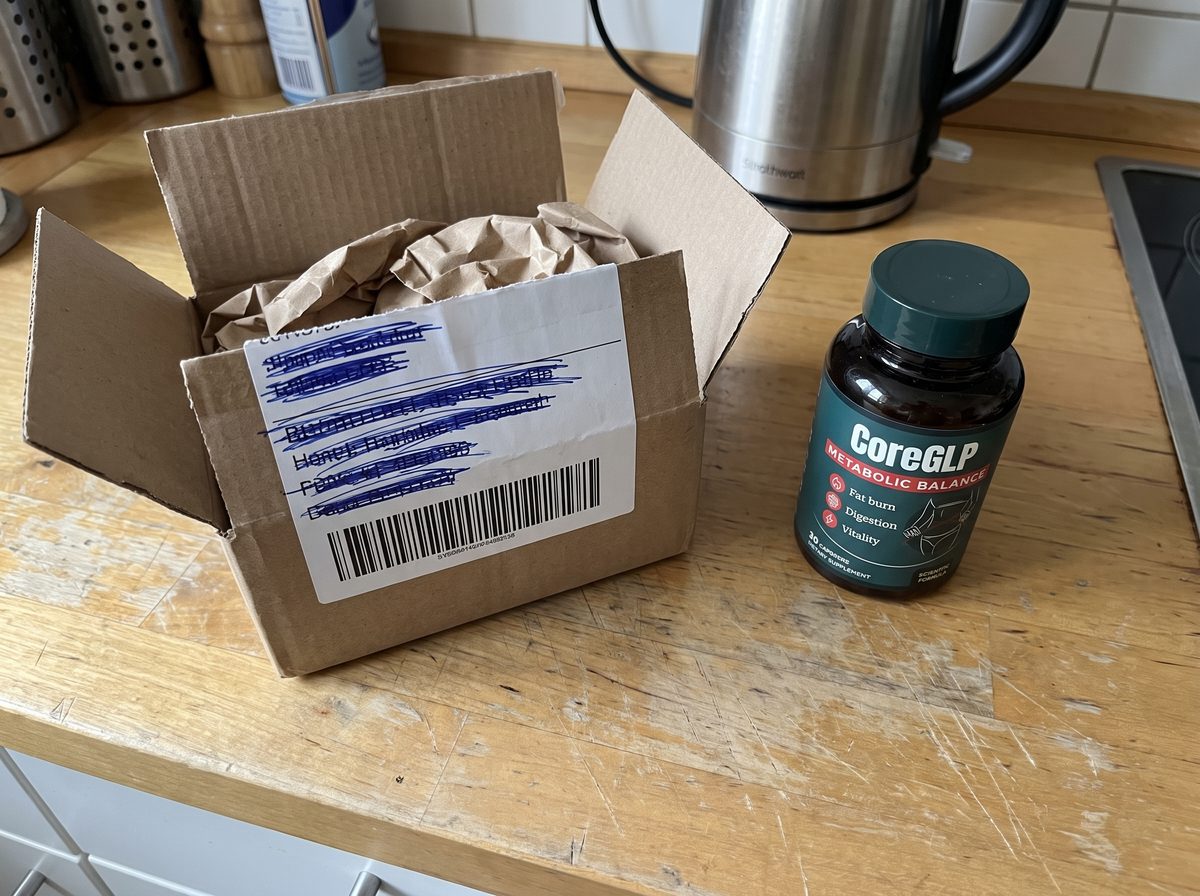 CoreGLP Lieferung: geöffnetes Paket mit Dose auf der Küchenarbeitsplatte, Name auf dem Versandetikett durchgestrichen