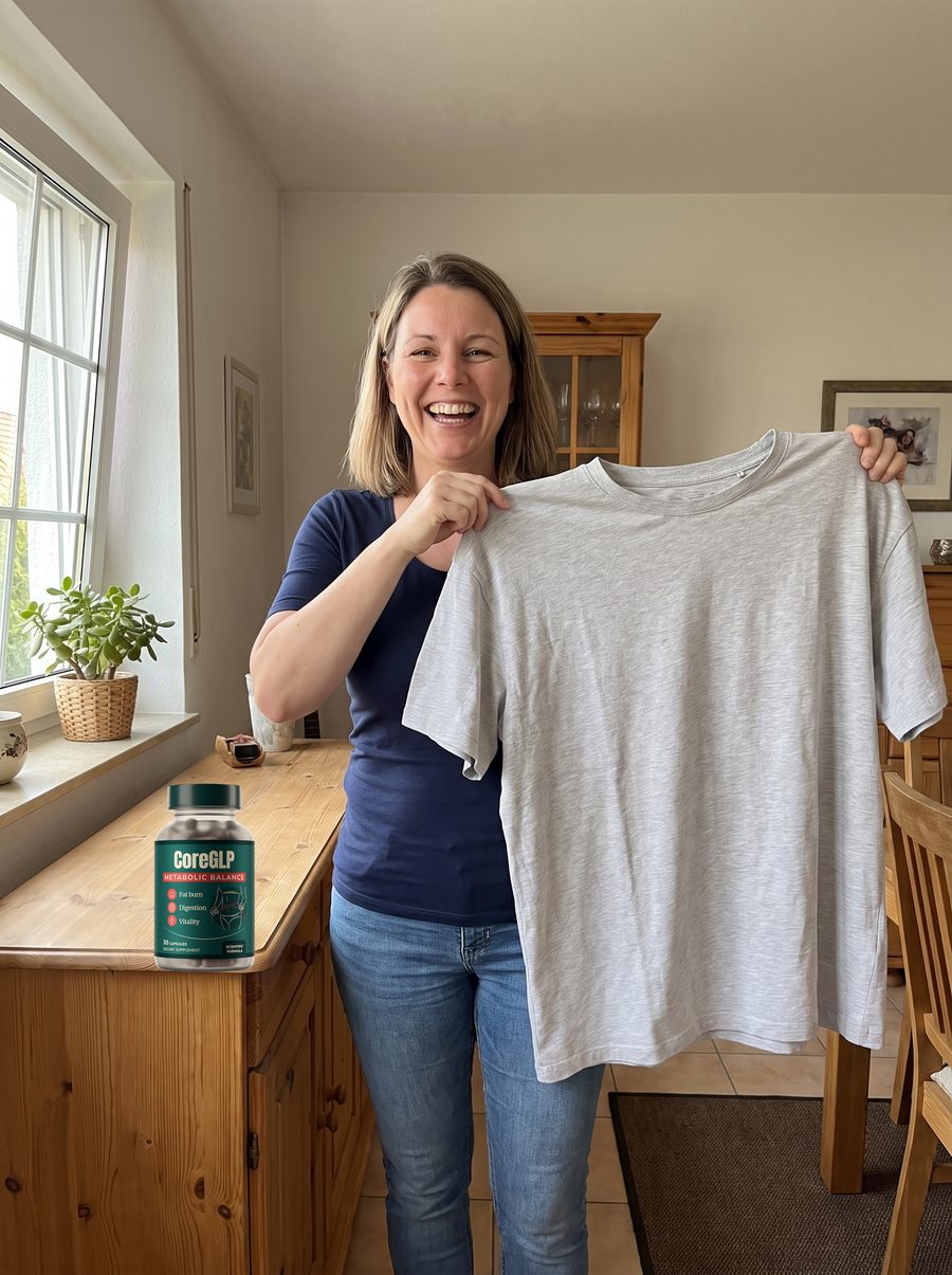 Woche 6: Melanie hält ihr altes T-Shirt in Größe 44 neben sich — es ist zwei Größen zu groß geworden